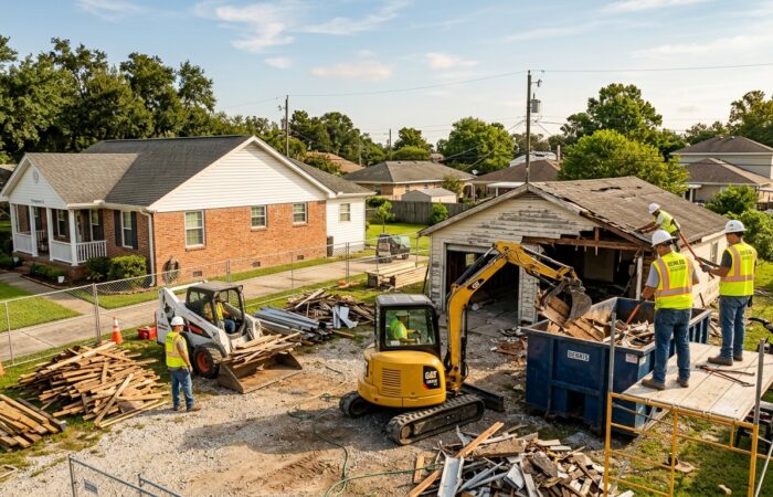 Professional demolition services Chalmette LA crew removing an old detached garage from a residential property.
