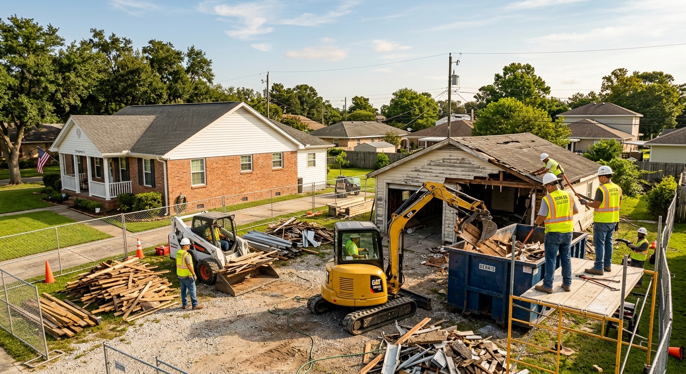 Professional demolition services Chalmette LA crew removing an old detached garage from a residential property.
