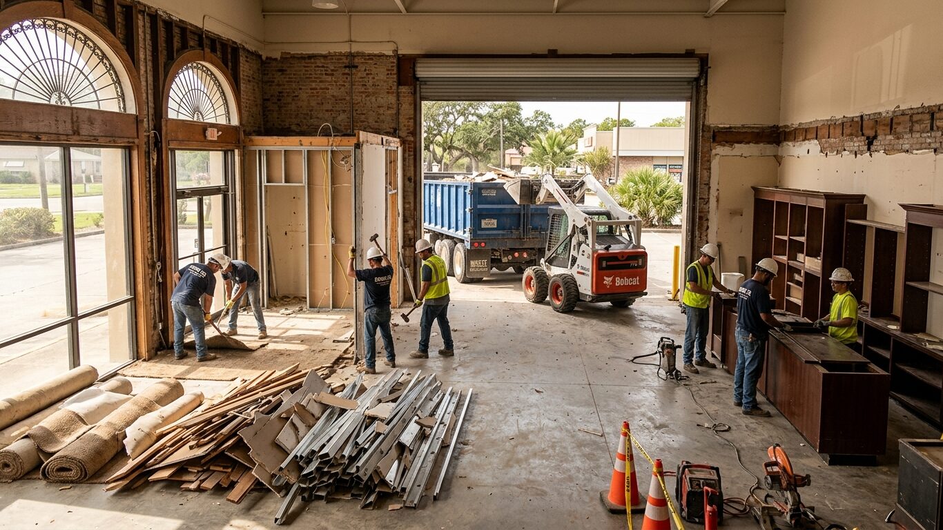 Demolition services Chalmette LA crew clearing a commercial interior with organized debris removal and cleanup.