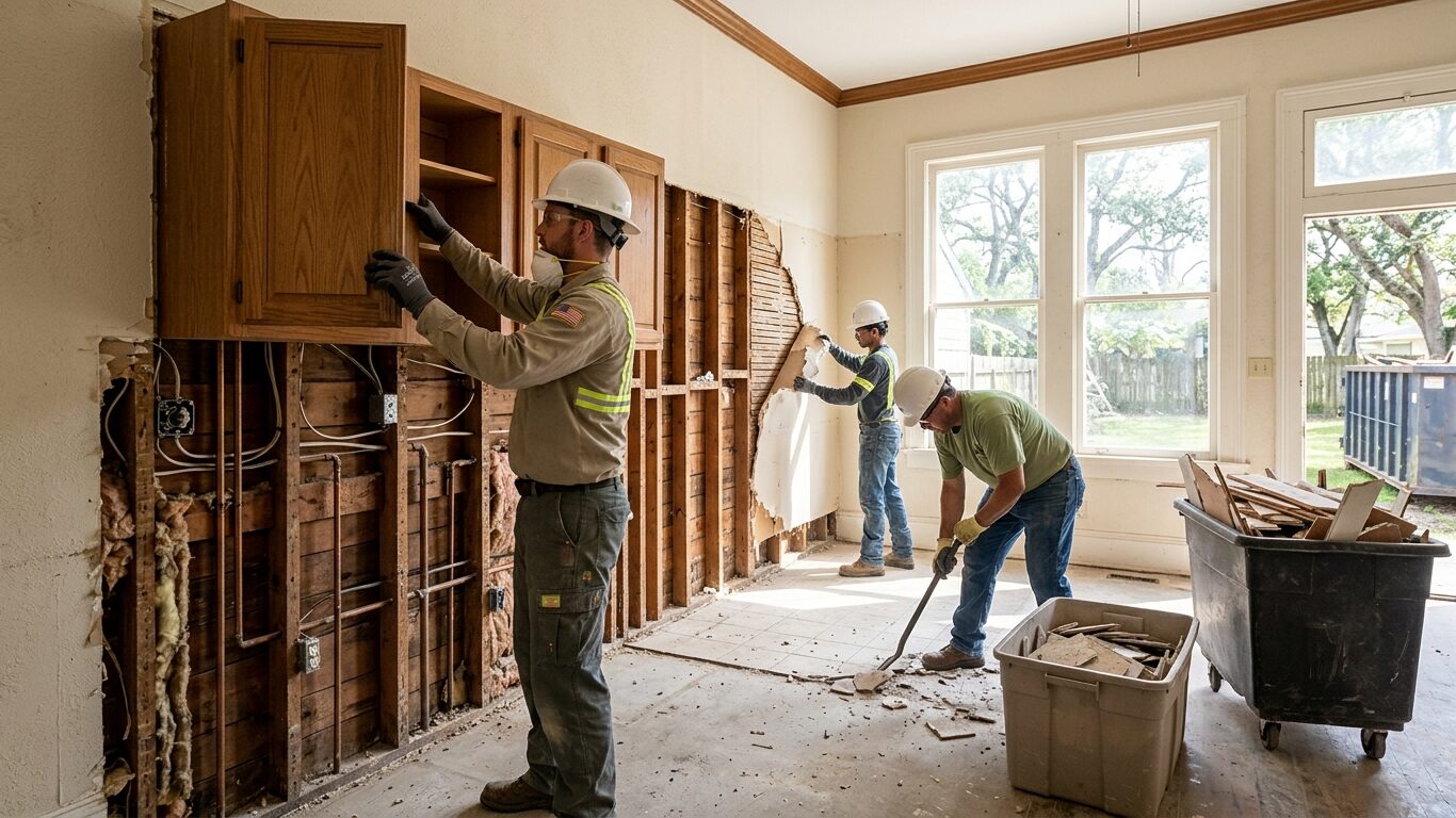 Demolition services Chalmette LA for interior kitchen tear out with workers safely removing cabinets, drywall and flooring.